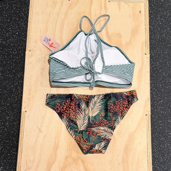 Striped Halter Bikini Top and Tropical Print Bottom - Picture 3 of 7